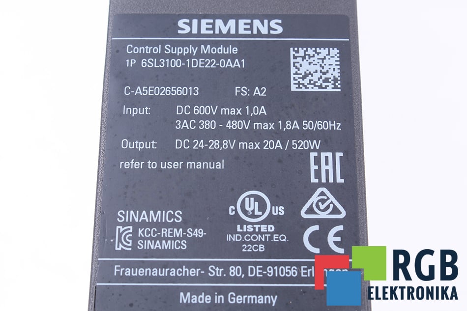 Siemens 6sl3100-1de22-0aa1 Sinamics Control Supply Module 20a for sale online 