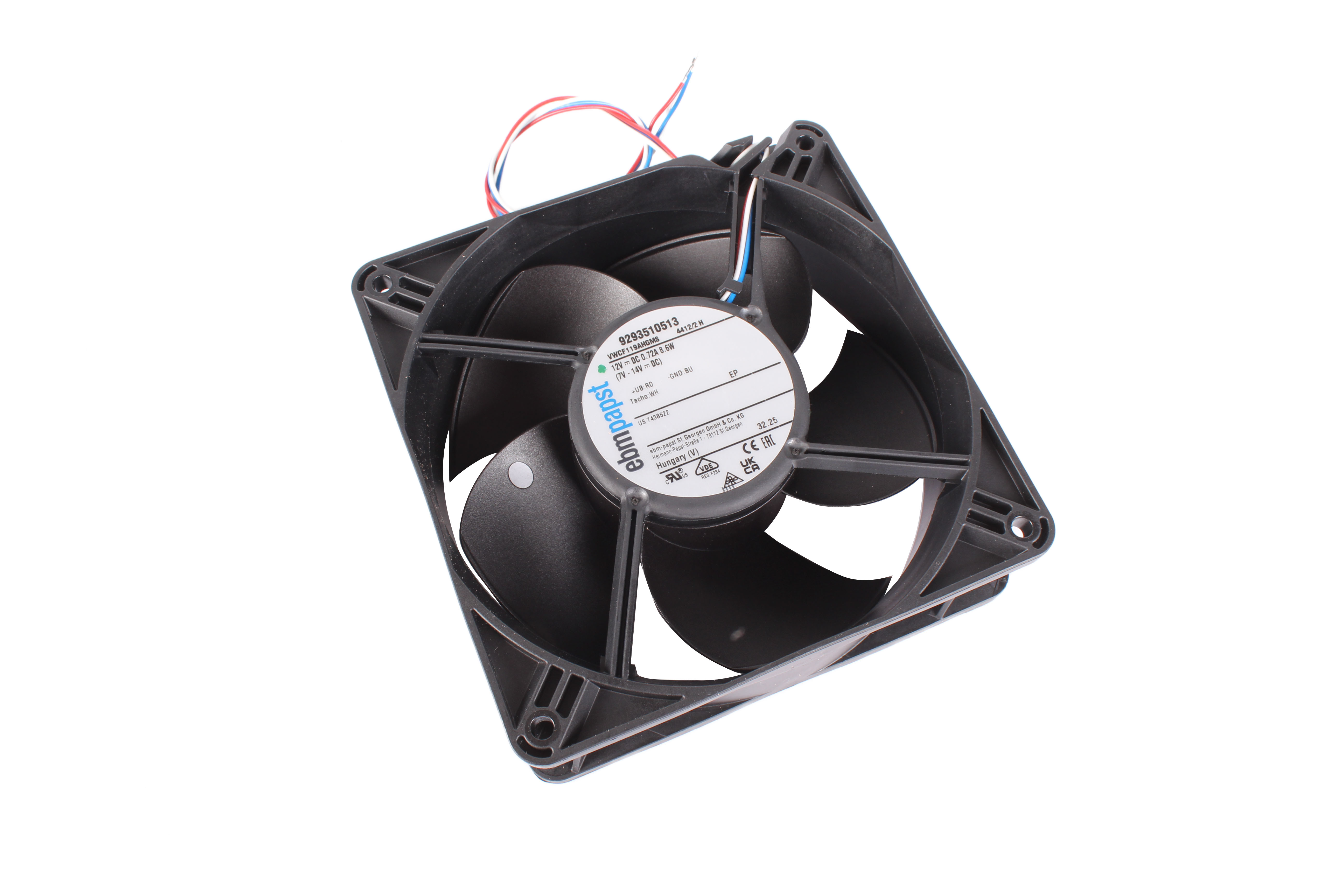 EBM PAPST 4412/2H 9293510513 VWCF119AHGMS 119X119X38 AXIAL FAN 12V 0.0086 KW 0.72A 