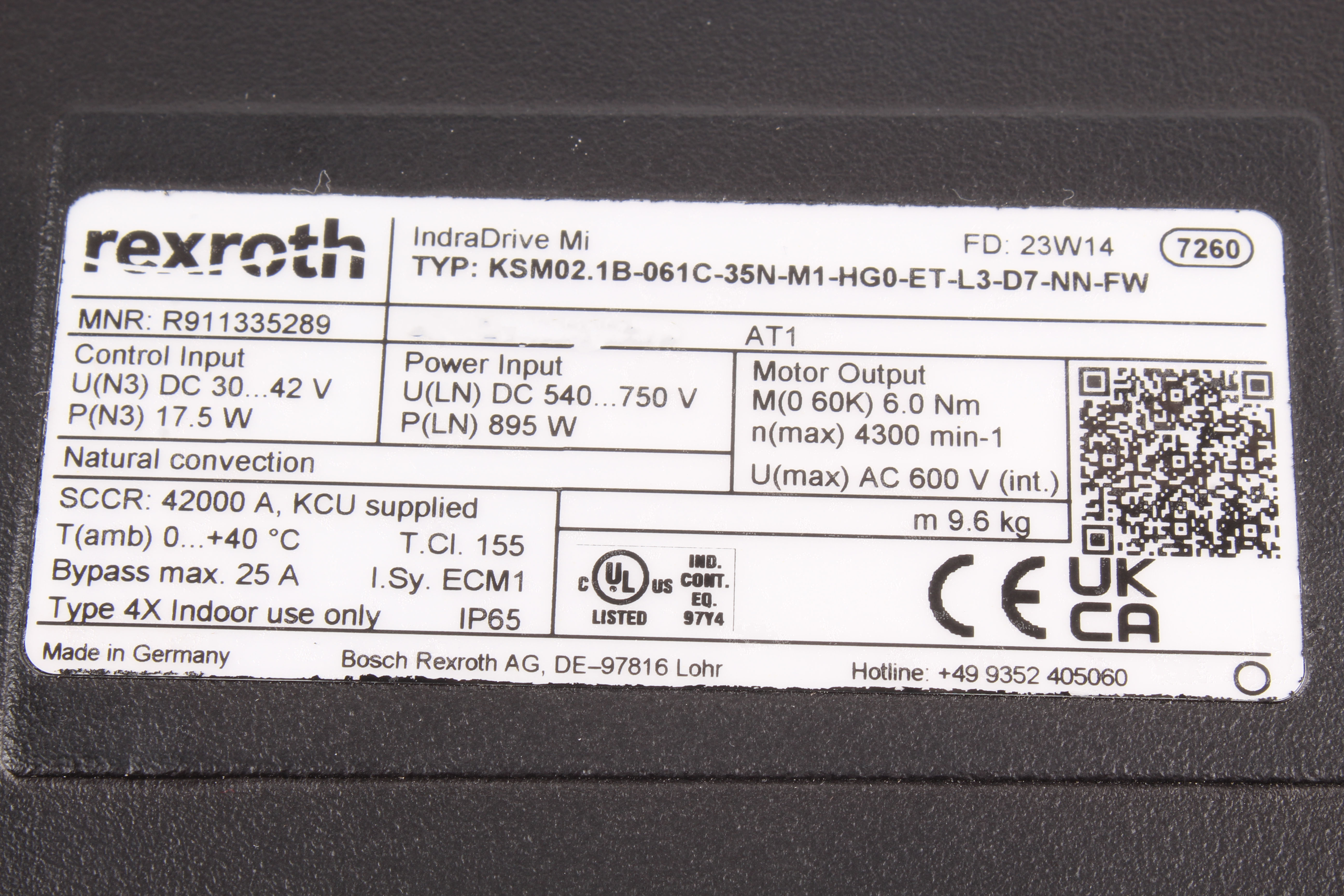 REXROTH KSM02.1B-061C-35N-M1-HG0-ET-L3-D7-NN-FW R911335289 SERVOMOTOR 600V 4300 OBR/MIN 6 NM 